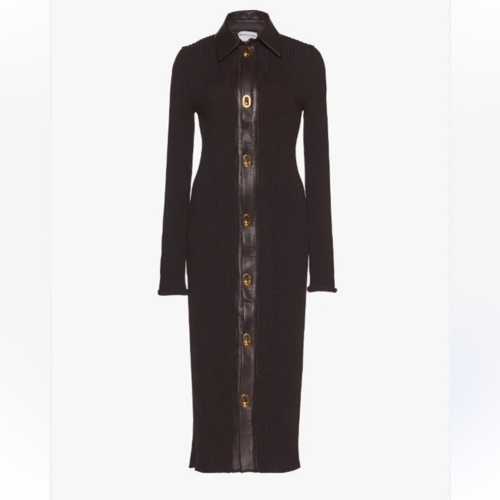 Bottega Veneta Brown Wool Blend Ribbed Dress with Leather Collar & Placket Small